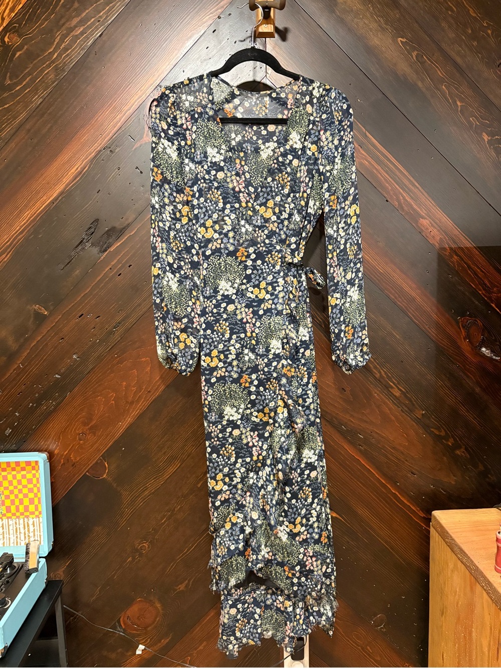 Miss Me Navy Floral Wrap Maxi Dress with Long Sleeves